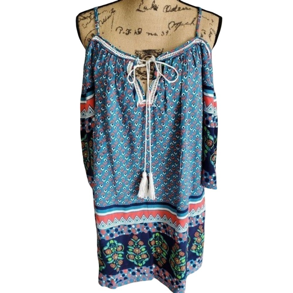 Entro‎ Women Teal Blue Boho Cold Shoulder Tassel Shift Dress D2789 Medium